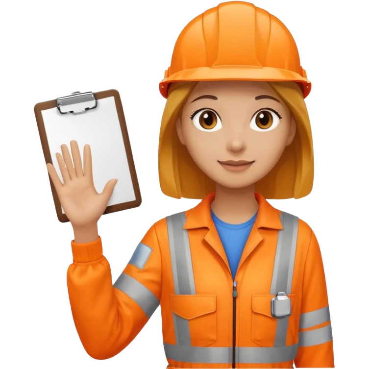 woman in orange hi vis overalls waving holding a clipboard emoji