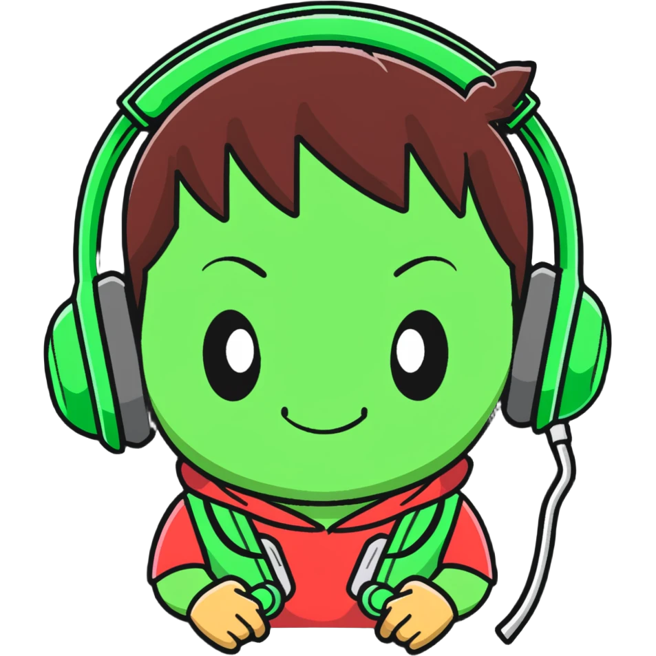 Green Luffy and green Alastor wearing headphones listening to music together emoji