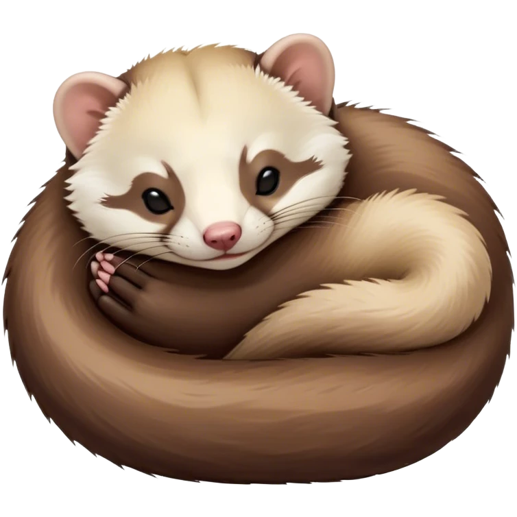 Meme-Worthy Cute Sleeping sable ferret Portrait Emoji, Head resting peacefully with a contented smile, showcasing a long, flexible body curled up in cozy repose, luxuriously soft fur in warm brown and cream, and eyes gently closed in serene slumber, Simplified yet hilariously adorable features, highly detailed, glowing with a soft, drowsy natural light, high shine, relaxed and utterly lovable, stylized with an air of playful laziness, bright and heartwarming, soft glowing outline, capturing the essence of a sleeping sable ferret that feels destined to become the next viral sensation of adorable rest! emoji