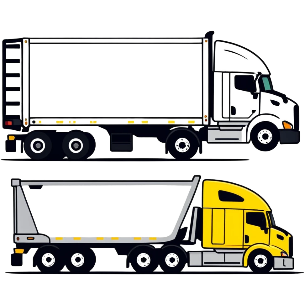 yellow sleeper semi truck with a large end dump trailer in a country landscape, cartoonish sticker style emoji