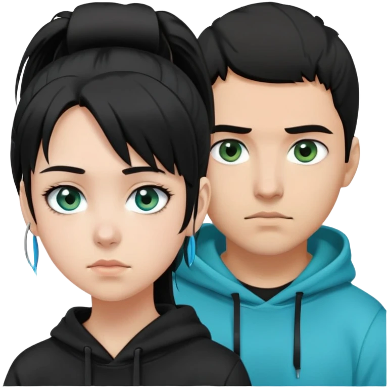 A dark-haired Latino guy with a short fringe falling forward and a black hoodie, standing next to a very pale girl with black hair, greenish-blue eyes, and a ponytail, with two strands of hair framing her face emoji
