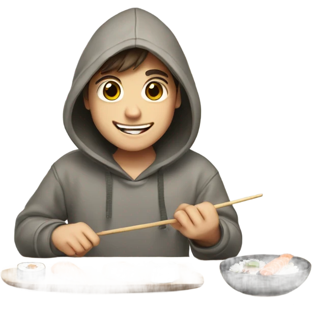 Happy boy with brown hair making sushi in a hoodie emoji