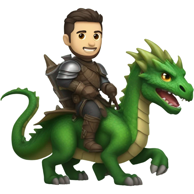 Determined armored White Man with dark brown pompadour hair and a short beard riding on the back of a giant green dragon emoji