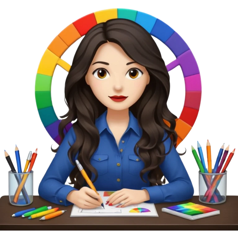 female dark wavy long hair graphic designer , color wheel, pens, papers , desktop emoji