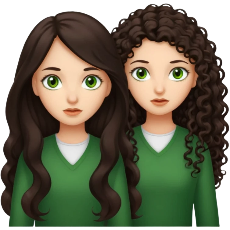 Two scornful girls, 1: long ironed straight darkbrown hair, green eyes, 2: long curly darkbrown hair, brown eyes emoji