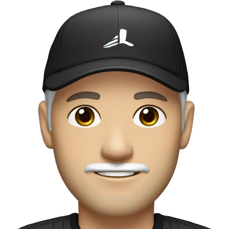 An adult white skin portrait of male with stubble and a slightly gray beard, brown hair, black eyes, wearing a black Reebok cap with a round emblem on his head, and a black sweater with three white stripes on the sleeves underneath. emoji