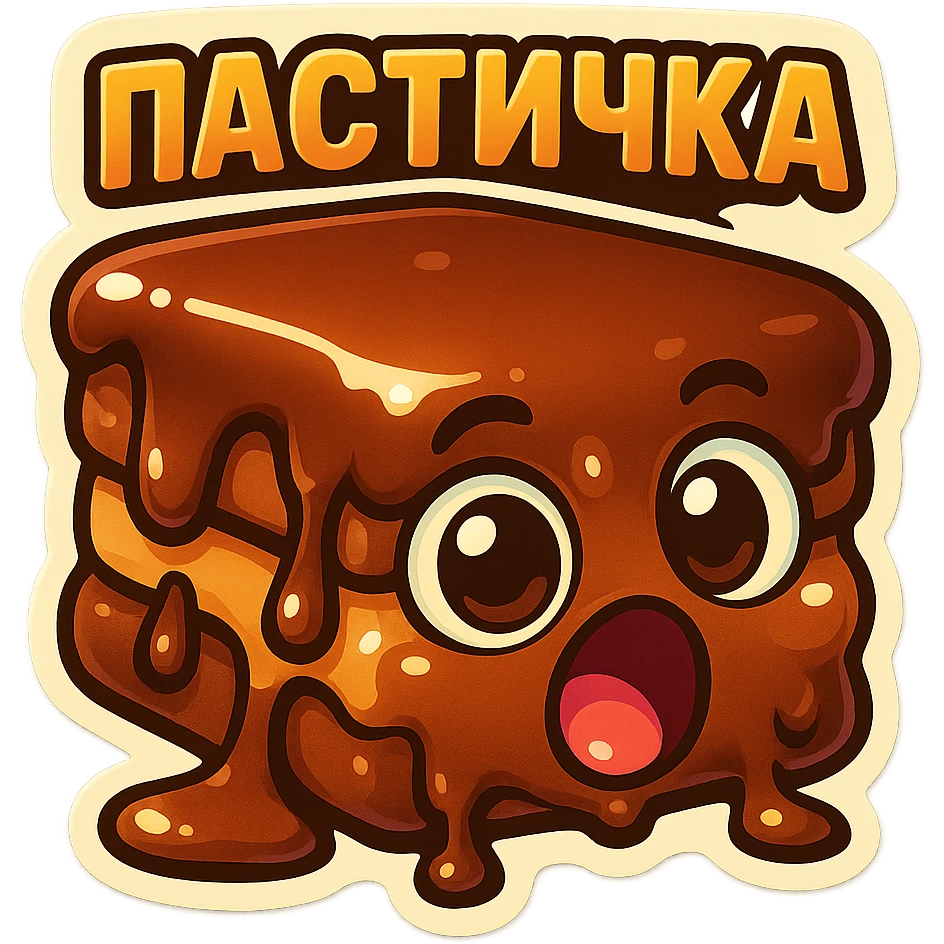 Rectangular chocolate mini pastry, slightly messy and squished, chocolate dripping, big round eyes, wide open mouth, playful surprised expression, text above: "ПАСТИЧКА", chibi style, Twitch emoji style, transparent background, colorful

 emoji