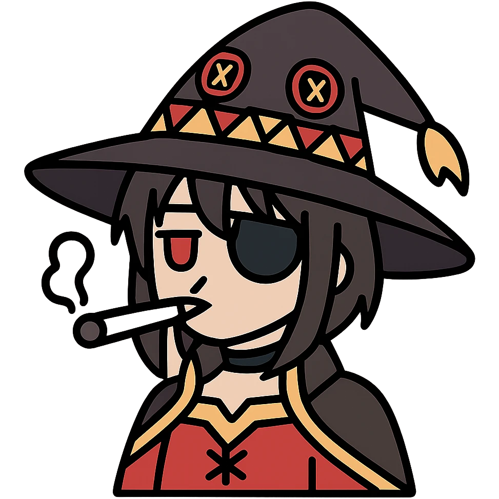 Anime witch girl Megumin from Konosuba with witch hat and eye patch smoking a joint emoji