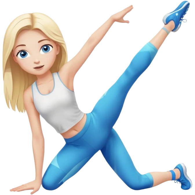 Blonde girl with blue eyes in gym leggings stretching with legs open emoji