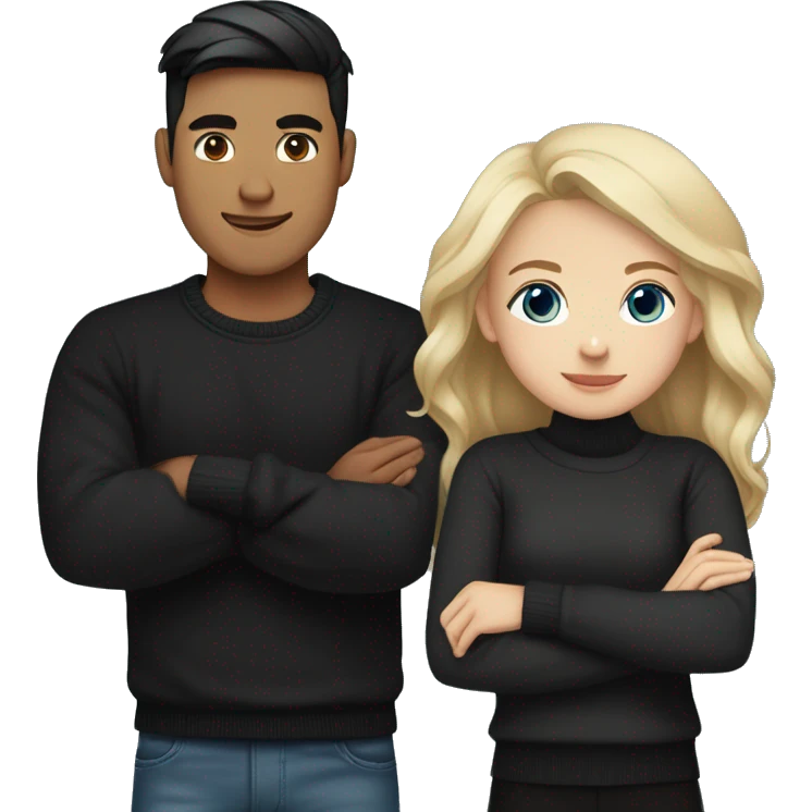 dark Blonde girl with blue eyes in black sweater and an east asian with light skin man with black hair and black eyes hugging emoji