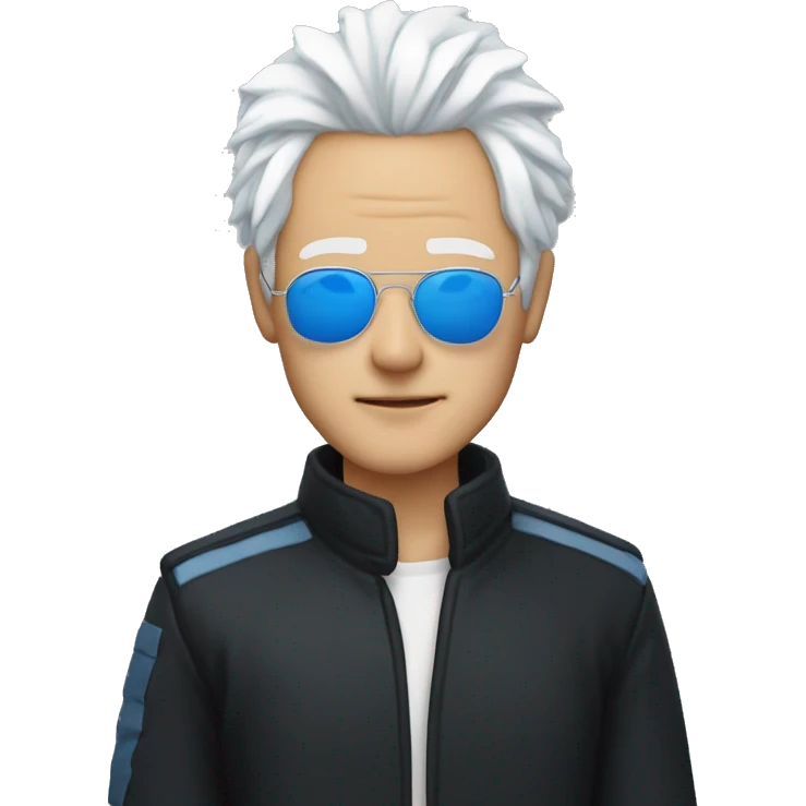 Gojo satoru, japanese man with messy white hair wearing a black high collar jacket, a pair of blue aviators, and has blue eyes emoji