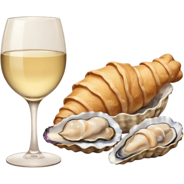 French cuisine humanless avatar in clean emoji-style illustration. 1 Croissant, oysters and wine glass, soft beige tones, simple shapes, flat design, refined and cozy. emoji