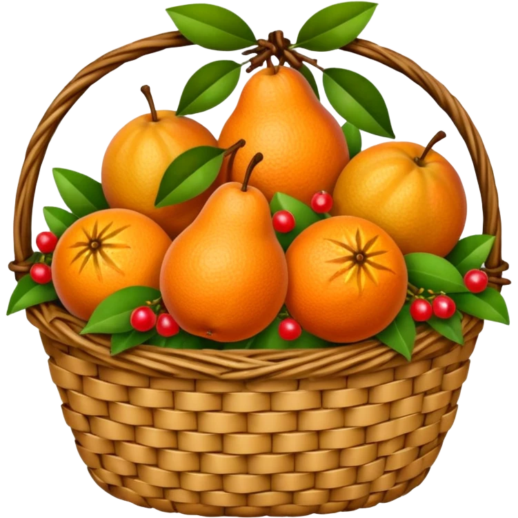 A rustic fruit basket with oranges, pears, and berries.







































 emoji