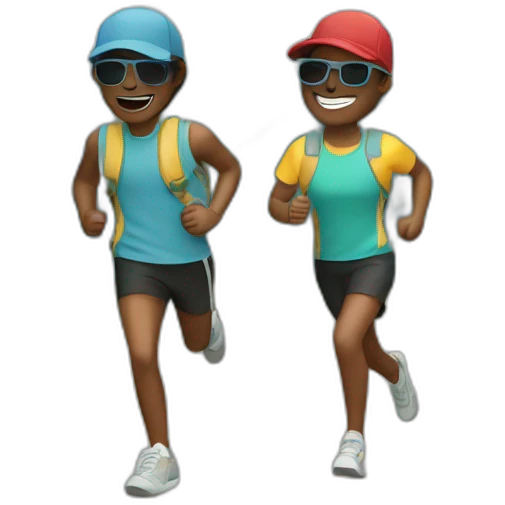 two friends running on the mountains wearing a cap and sunglasses emoji