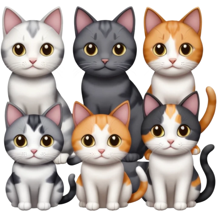 5 different coloured short haired cats including; a dark brown and white cat, and a dark grey and white, and a calico emoji