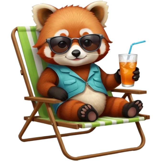Red panda laying back on lawn chair with a drink wearing sun glasses emoji