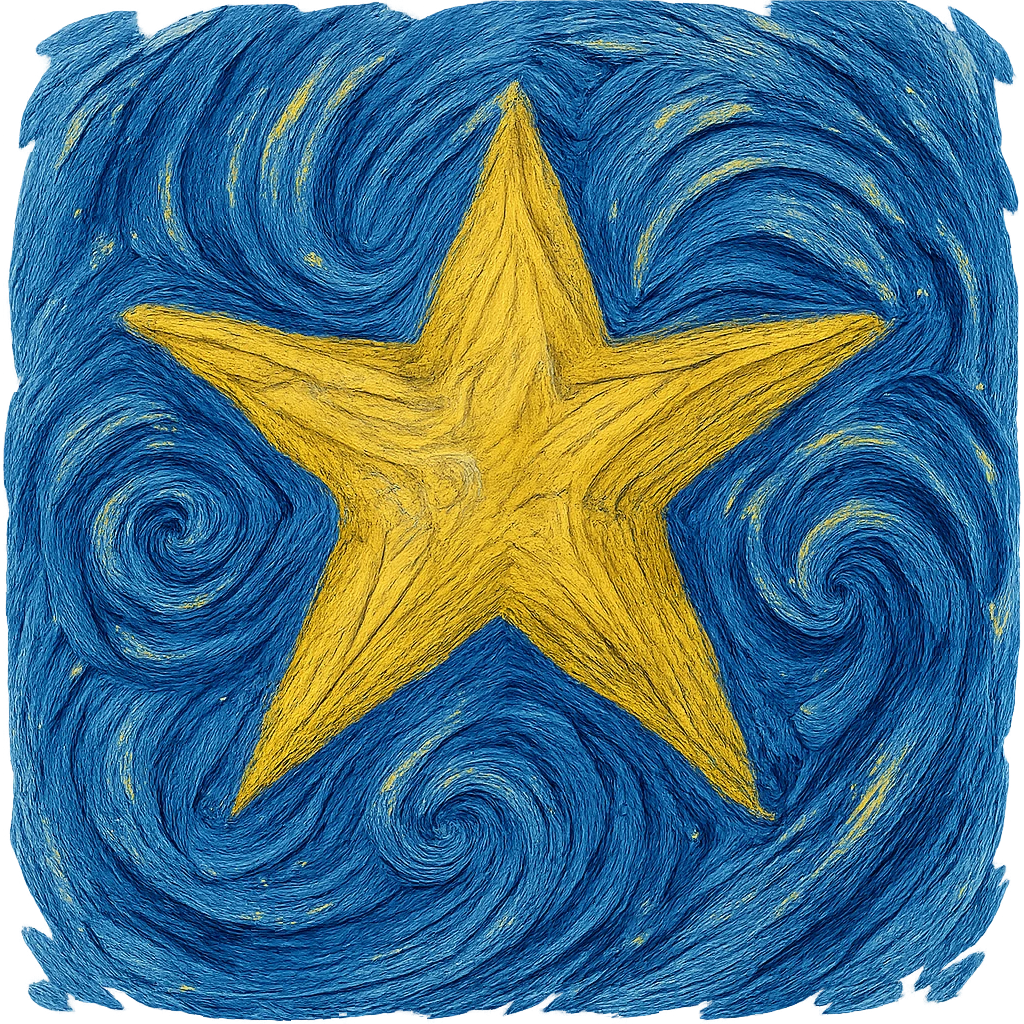 a single star rendered in van Gogh's post-impressionist style, with expressive lines and movement, swirling brushstrokes, thick impasto texture, blue-yellow palette emoji