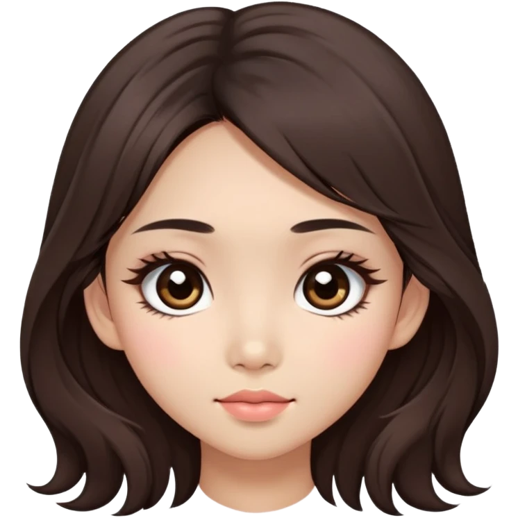 Asian girl with long shaggy brown hair, big dark eyes. long lower lashes, cheekbones with blush. dimples. emoji