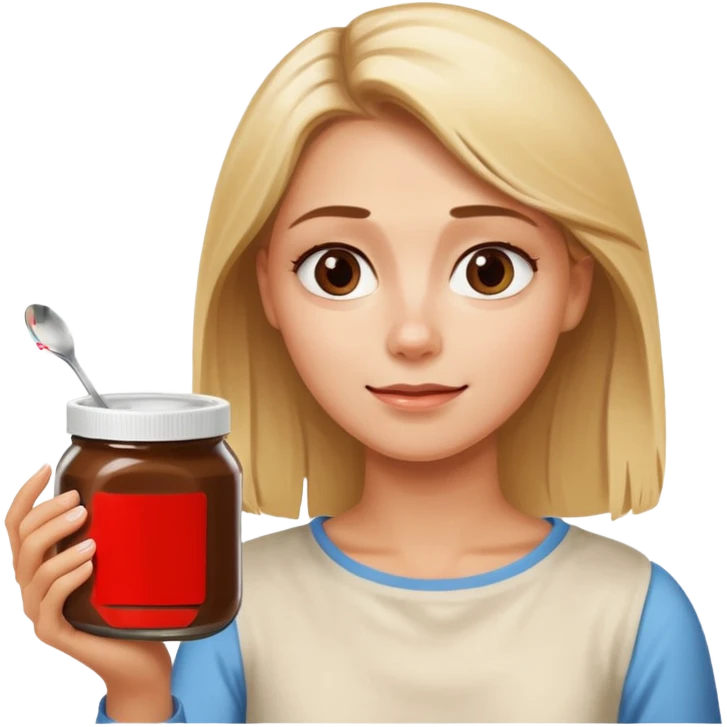 Nutella with a spoon. The glas of Nutella is almost empty . Only the one carriage of Nutella. Next to the Nutella is the head of a blond woman who is looking forward to eat the Nutella  emoji