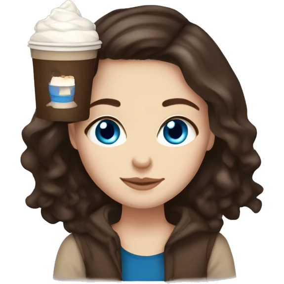 white girl with dark brown long hair, blue eyes, and a hot chocolate emoji