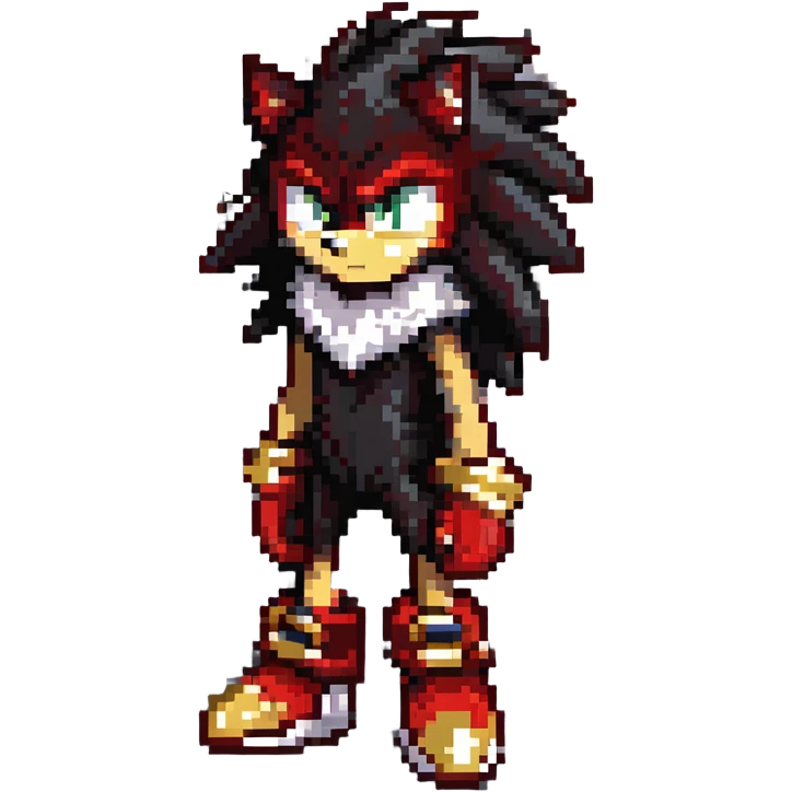 Shadow the Hedgehog standing on a ruined highway at dusk, black and red fur, white chest fur, gold rings on gloves, glowing red hover shoes, determined expression, city skyline in background emoji