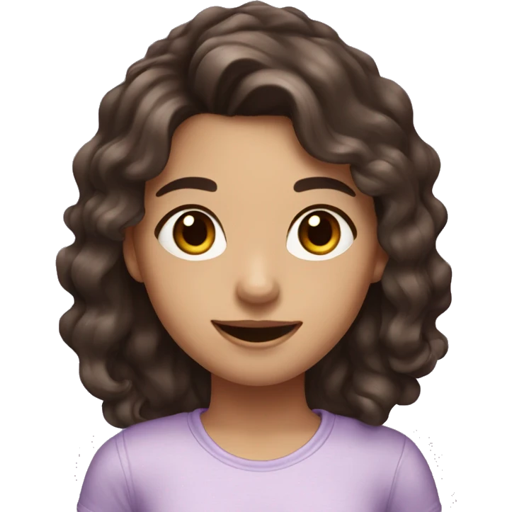 girl with mid to long dark brown wavy hair, dark brown eyes, cute smile and lilac shirt  emoji