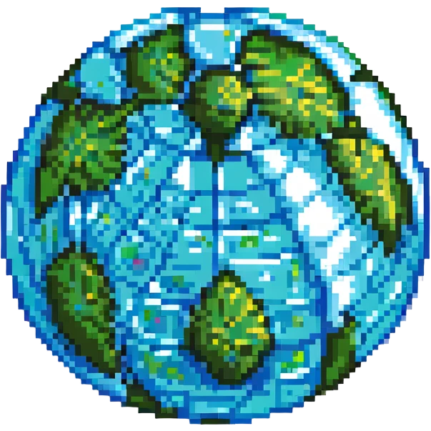pixel art globe icon with 3D effect, blue and green colors emoji