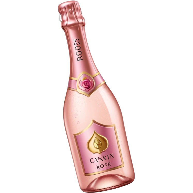 bottle of sparkling rosé with a rose logo on the label, tilted up and to the left, no glass emoji