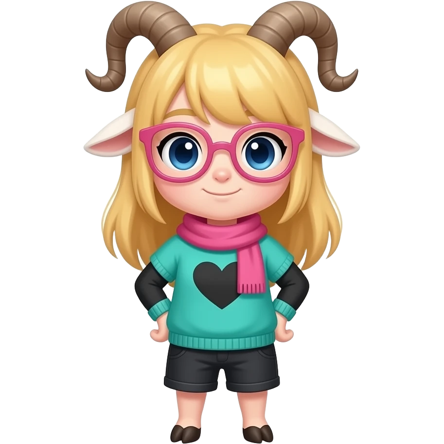 Raslei from the video game deltarune basically a female goat standing on two legs wearing a turquoise green like sweater with a black heart in the middle and black sleeves wearing pink glasses and pink scarf emoji
