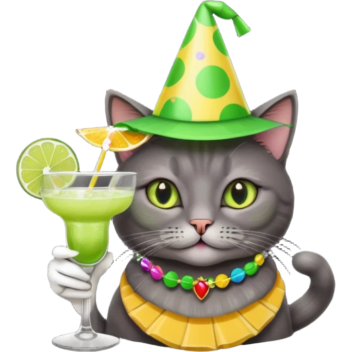 An old, dark grey cat is wearing a party hat, and drinking a margarita. emoji