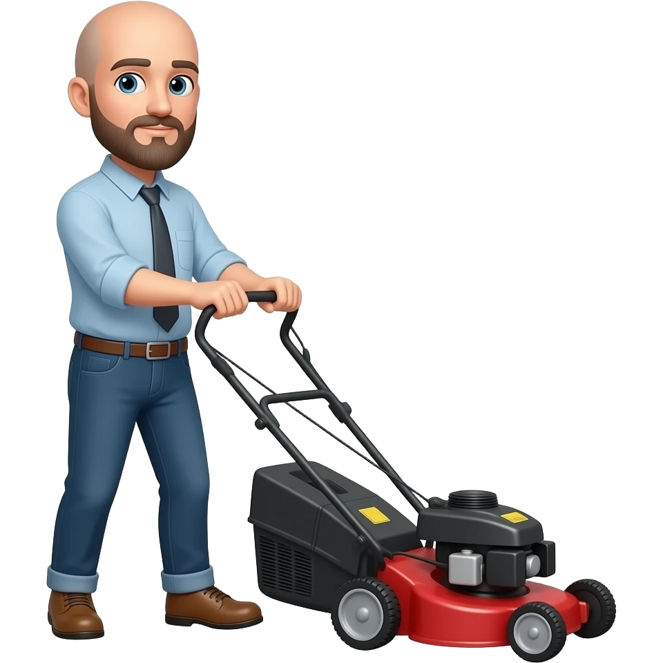 bald man with longer beard on stand-on mower not push mower emoji