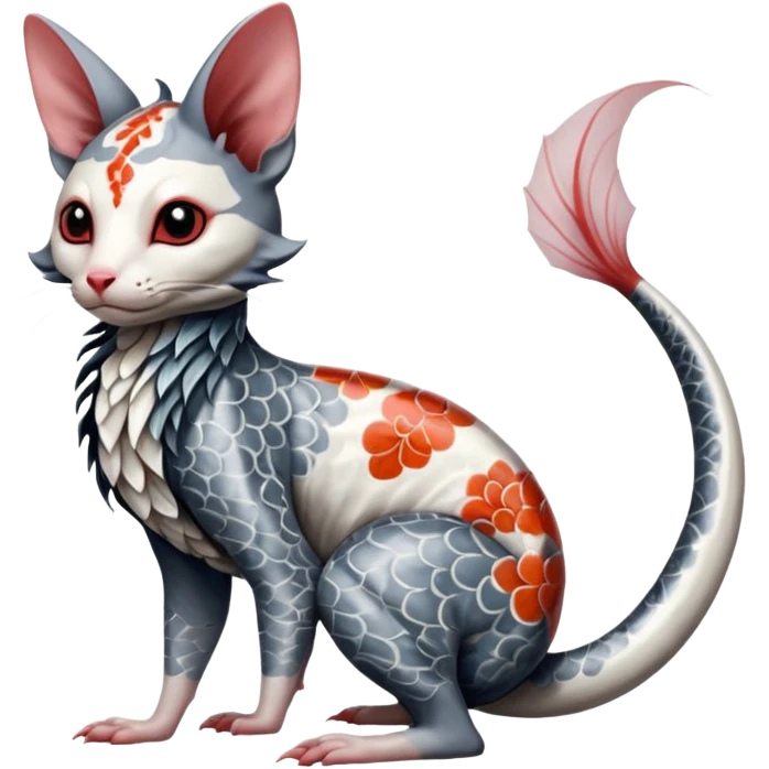 Edgy badass swimmy wet painted intricate ornate Japanese Asian koi-Minccino-Lykoi-Emolga-Sphynx-Linoone-Zangoose-fusion-hybrid-animal-Fakémon-creature, full body, thin long sleek scaly tail, intricate markings emoji