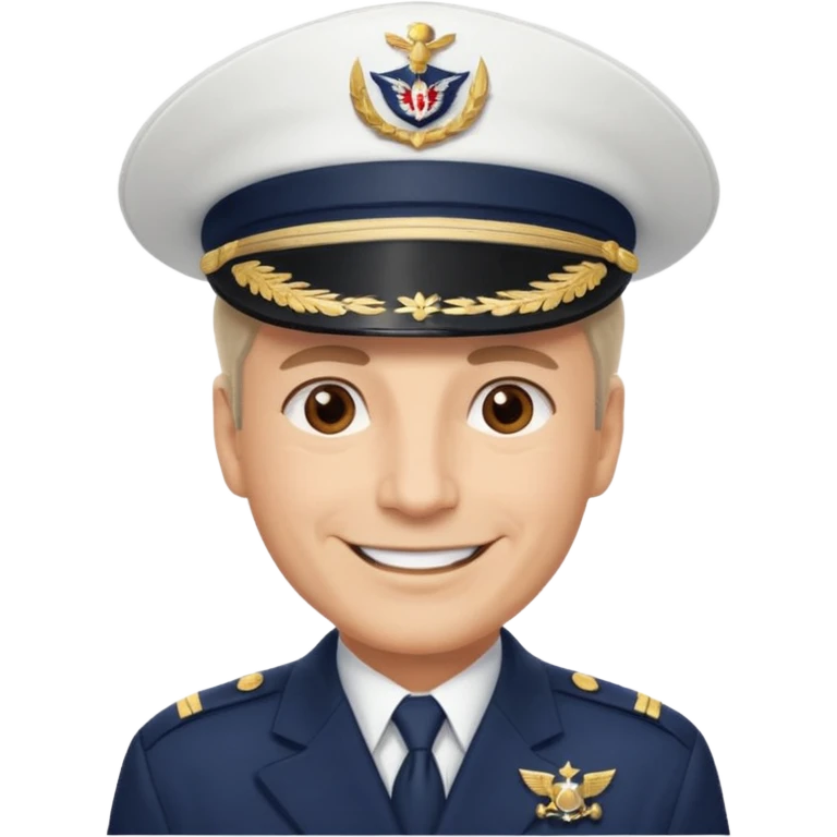 A light-skinned mid-aged man with brown eyes, smiling while wearing a white captain’s hat with a navy emblem. emoji
