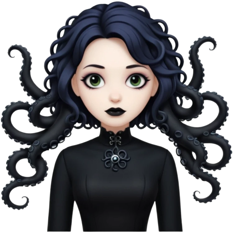 goth lady with tentacles, pale skin, black dress, dark makeup, tentacles as hair emoji