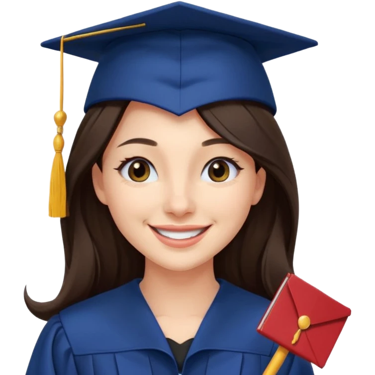 带着学士帽的，深棕色长发，黄种偏白皮肤的，高鼻梁，不戴眼镜的女博士生，在单只眼眨眼并开朗的笑，年龄26岁，学士服全身深蓝色但是黑领子， emoji