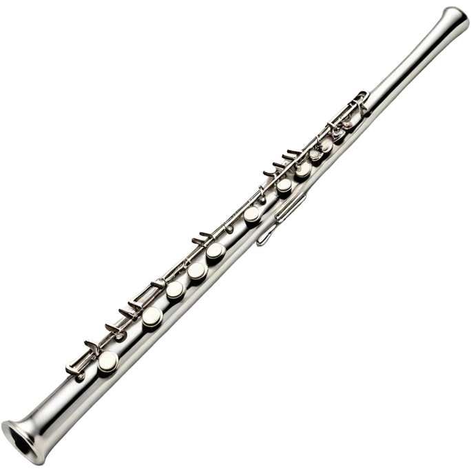 Create an elegant and refined emoji representing a classical silver flute. The design should showcase the sleek, polished silver body of the flute with its keywork and tone holes clearly visible. Highlight the smooth, straight shape of the instrument with subtle light reflections on its metal surface. The keys should be delicately detailed, with their small, round pads visible. Add a slight shine to the flute’s surface to reflect its high-quality craftsmanship. Optionally, include subtle musical notes floating around the flute to evoke its light, melodic sound. The background should be transparent. emoji