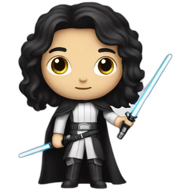A white Portuguese with long black hair holding a lightsaber emoji