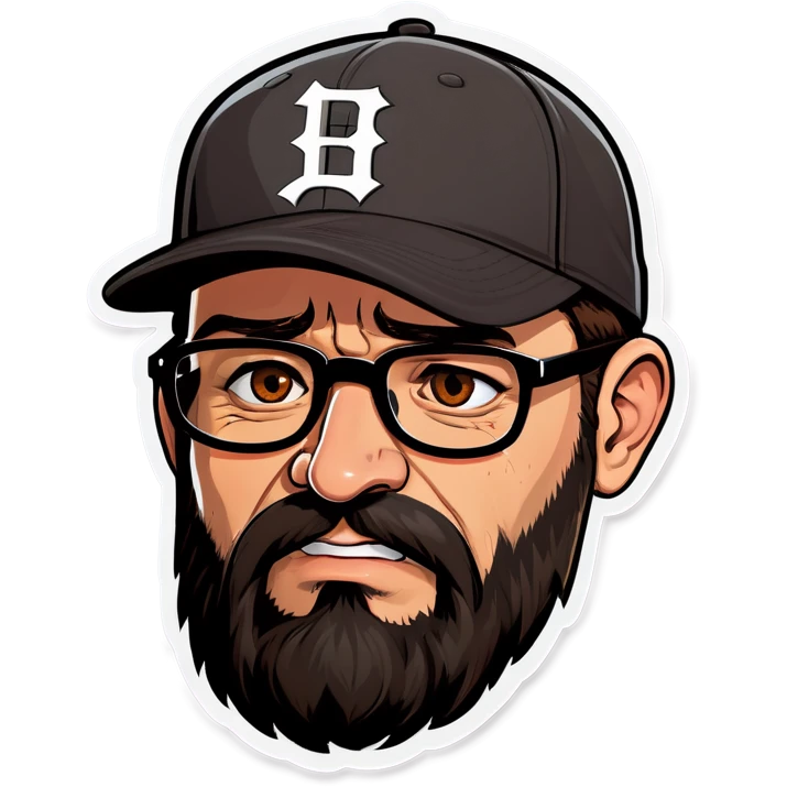 A man with a grey baseball cap, hazel eyes, big dark brown beard and glasses, crying emoji