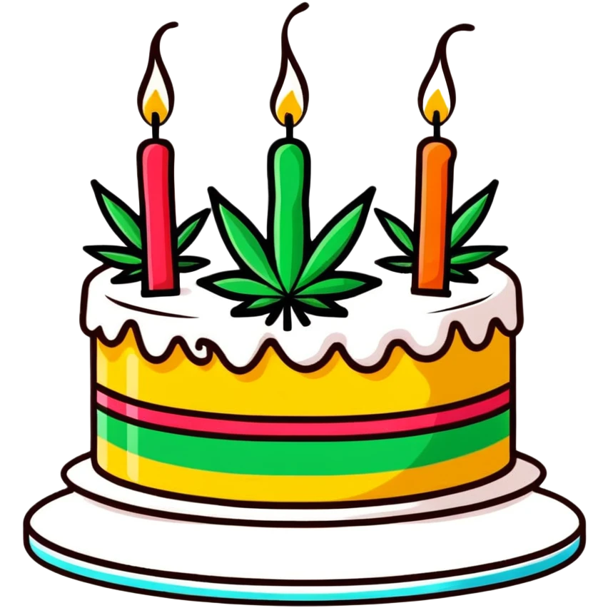 Festive birthday cake with cannabis leaf decorations and birthday candles emoji