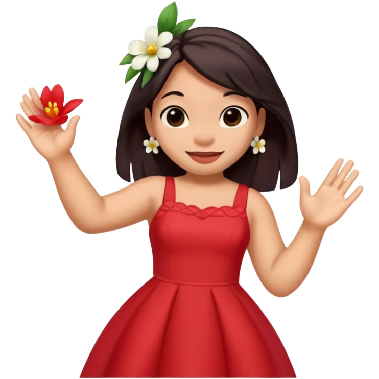 Lilo from Lilo & Stitch waving, wearing a red dress with white flowers, apple style emoji emoji