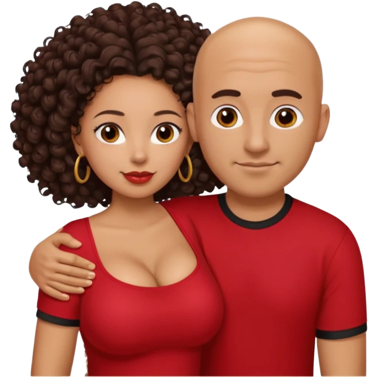 A picture of a tanned couple embracing. the guy is Mexican, with a bald hair cut and he is wearing a red shirt. the girl is mixed, the girl is wearing a black shirt, the girl has brown curly big hair and with big boobs  emoji