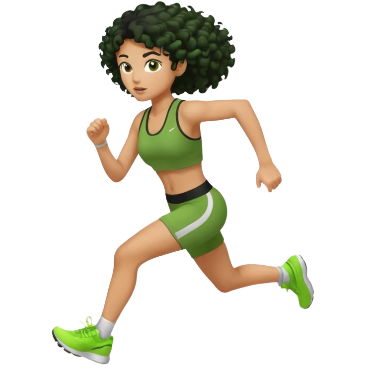 a woman with olive skin tone and curly black hair wearing green and running fast emoji