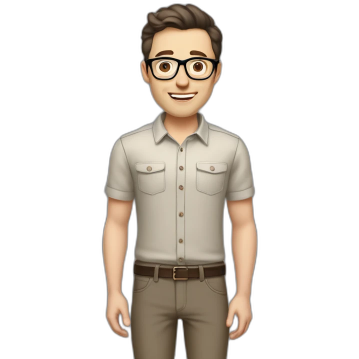 Joyful Full height Pale skinned Fit Man With dark brown hair in gray jacket, beige office shirt, Brown pants and vintage glasses. His thrumbs up emoji