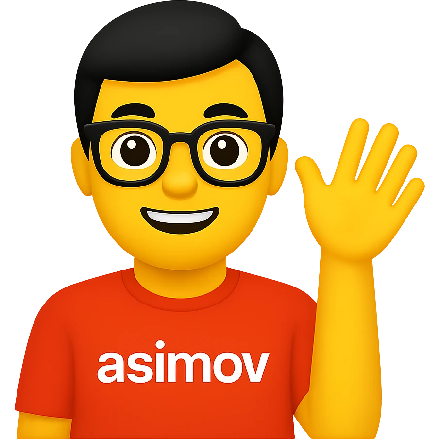 Convert the image of an office worker wearing a red 'asimov' t-shirt saying hello into a simple and expressive apple style emoji with a transparent background. Focus on capturing the essence of the office worker and the red 'asimov' t-shirt in the emoji style. emoji