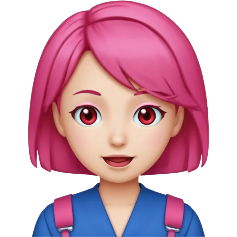 Teto Kasane emoji, apple style, pink twin-drill hair, red eyes, blue outfit, winking emoji