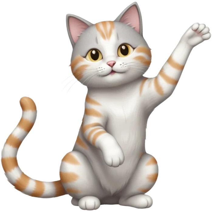 grey and white cat doing a big long stretch reaching up into the air emoji