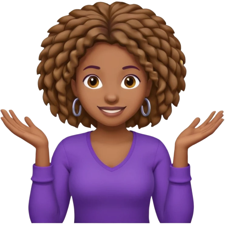 black woman with locks shrugging-smiling with purple shirt emoji