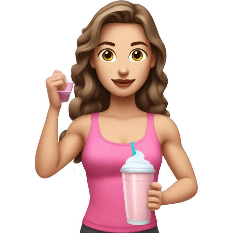 Brown haired white girl in pink croptop drinking protein shake emoji
