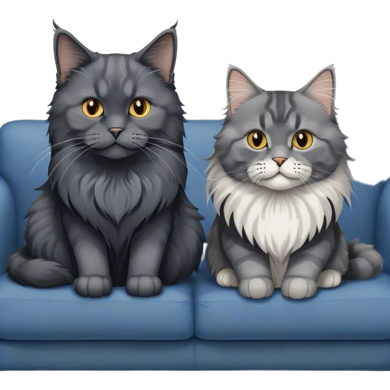 Portrait of a black smoke Maine Coon cat with long grey ear tufts, alongside a British Shorthair cat with a solid blue coat on sofa. Both cats with detailed fur textures and playful expressions. Soft, elegant background of room with flowers and natural tones. Transparent background. emoji