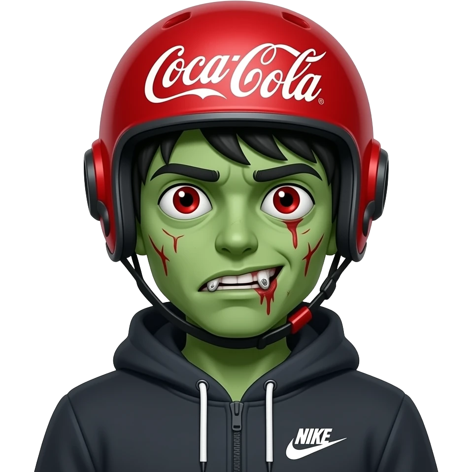 A young zombie with red veins in his eyes, green skin, wearing silver grillz, and black hair falling over his decaying (torn) eyebrows. He has a Coca-Cola drinking helmet on his head and wears a nike tech hoodie. emoji